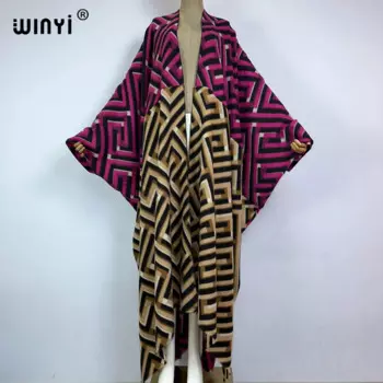 Средний Восток WINYI зимний женский модный кардиган с принтом пальто Свободное платье длинное платье Толстая теплая Женская куртка свободного размера кафтан