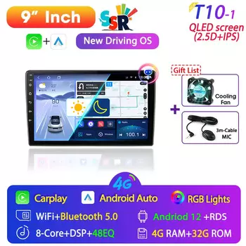 Srnubi SSR 9 10-дюймовый универсальный Android 12 Carplay Автомобильный радиоприемник Мультимедийный плеер Навигация GPS 2 Din DVD IPS Стерео головное устройство