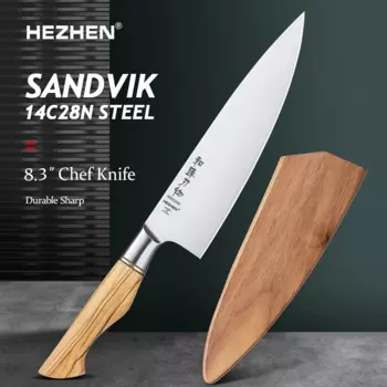 Стальной нож шеф-повара HEZHEN Master Series, 8,3 дюйма, Sandvik 14C2 8N, кухонные ножи, ручка из оливкового дерева