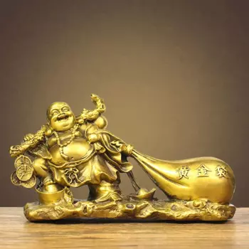 Статуя Будды Maitreya из чистой меди, украшения Будды из смеющегося большого живота, тканевый мешок, золотистый мешок, на удачу, подарок для открытия компании