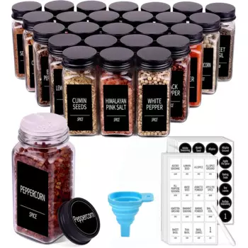 Стеклянные банки для специй с этикетками. Пустые квадратные контейнеры для специй на 4 унции. Бутылки для приправ. Крышки для шейкеров, воронка, кисть и маркер в комплекте.