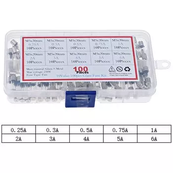 Стеклянные предохранители onekit 100 шт., 0.2A-6A