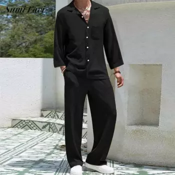 Стильные однотонные текстурированные костюмы из двух предметов, мужские винтажные рубашки с длинными рукавами и брюки с лацканами, наряды для мужчин, осенние стильные комплекты