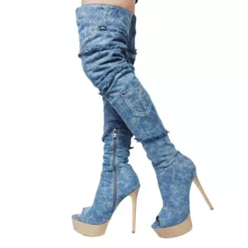 Стильные женские синие джинсовые босоножки на тонком высоком каблуке, модные женские сапоги выше колена с открытым носком
