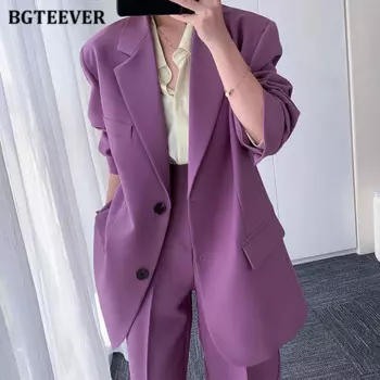 Стильный свободный женский костюм BGTEEVER из 2 предметов, пиджак с длинным рукавом, однобортный костюм, куртка, женские костюмы с прямыми брюками