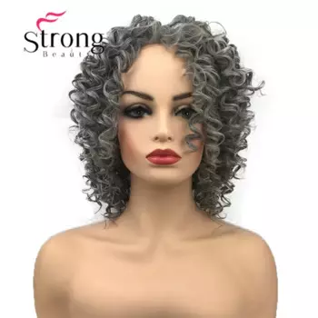 Strongbeauty средней длины темно-серый микс странный вьющийся парик фронта шнурка теплые синтетические парики для женщин