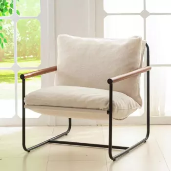 Стул с современным акцентом, стул для гостиной с деревянными подлокотниками, измельченная подушка из пенопласта и прочный стул для чтения с металлическим каркасом, бежевый