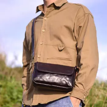 Сумка AETOO мужская на одно плечо, простой саквояж кросс-боди из воловьей кожи растительного дубления, горизонтальная квадратная сумочка-мессенджер