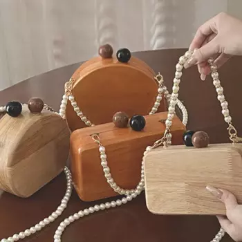 Сумка на плечо деревянная женская, маленькая квадратная сумочка ручной работы с жемчужной цепочкой, дорожный чемоданчик с перекрестными ремнями в стиле ретро