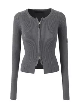 Suninheart 2023 Женский Осенний модный уличный стиль эластичный вязаный кардиган милый тонкий свитер с круглым вырезом шикарный трикотажный кардиган на молнии