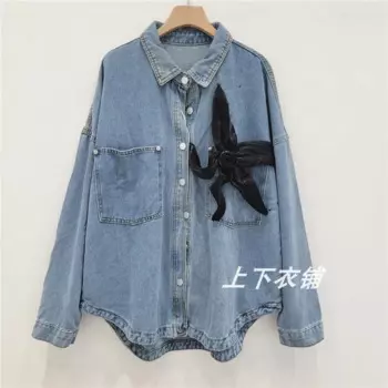 SuperAen 2024 Осенняя трехмерная Цветочная простая джинсовая рубашка с длинным рукавом женская джинсовая куртка