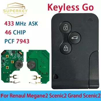 Superkey 3 кнопки Keyless Go Key Card 433 МГц PCF7943 46 чип для Renault 2003-2008 Megane II Scenic II Grand Scenic II