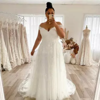 Свадебное платье ZJ9341 2024, женское ТРАПЕЦИЕВИДНОЕ ПЛАТЬЕ с открытыми плечами и кружевной аппликацией, Тюлевое платье с открытой спиной и шлейфом, пошив на заказ