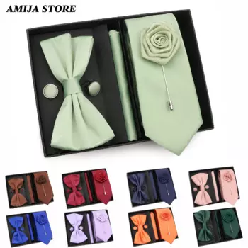 Свадебные Галстуки Hanky, запонки, набор брошей в подарочной коробке, зеленый, розовый галстук для мужчин, Красочные мужские аксессуары для бизнеса