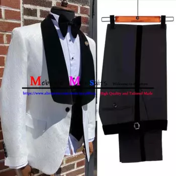 Свадебный костюм для мужчин, 3 шт., белые жаккардовые смокинги для жениха, черная бархатная шаль с лацканами, мужской костюм, Женская Клубная одежда с высоким вкусом