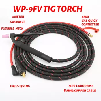 Сварочная горелка WP9FV 100A 4 м/13 футов, гибкая, с интегрированной мягкой медной проволокой, газовый быстроразъемный, с Европейским разъемом, 8 мм