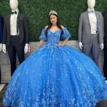 Милое синее платье принцессы Quinceanera 16, кружевное платье с 3D цветами и аппликацией для девочек 16, торжественное платье Vestido De Anos по индивидуальному заказу