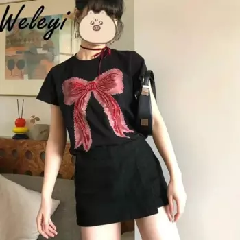 Sweet Sequins Embroider T Top Mujer 2024, летняя новая классическая женская футболка с бантом и круглым вырезом, короткими рукавами, футболки, эстетичная одежда
