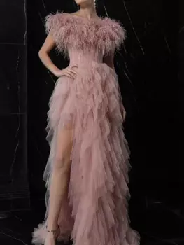 Сверхпрочное Сетчатое платье-футляр с перьями, дизайнерское весеннее женское Новое роскошное платье с высокой талией и широкой юбкой