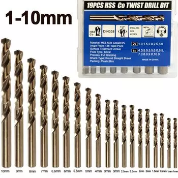 Сверла Iduoduo спиральные кобальтовые 1-10 мм, 19 шт.