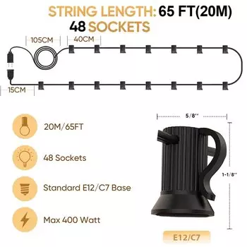 Светодиодная гирлянда Grensk E12/C7, черная, 7.6 м, 10 розеток