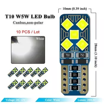 Светодиодная лампа Canbus T10 W5W, 10 светодиодный т., без ошибок, 2835 SMD, 12 В, 7000 к, белая, для салона автомобиля, купольная лампа для чтения номерного знака, боковая лампа с клиновидным цоколем