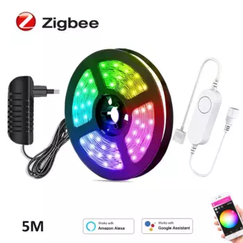 Светодиодная лента Mini Tuya Zigbee, лампа для украшения комнаты, 12 В, 4 в 1, RGBWW, RGBW, 5050SMD, 5 м, 10 м, умное управление через приложение, голосовое управление, Alexa Echo
