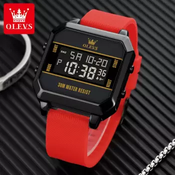 Светодиодные электронные часы OLEVS, новинка 2024, модные мужские часы, водонепроницаемость 30 м, многофункциональные часы с красным силиконовым ремешком, мужские часы