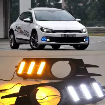 Светодиодные дневные ходовые огни drl для Volkswagen Scirocco 2009-14 с движущимся желтым сигналом поворота и синим ночным светом