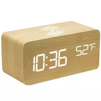 Светодиодный будильник с беспроводной зарядкой, голосовое управление, многофункциональный дисплей, современный дизайн, спальня, гостиная, кухня, черный