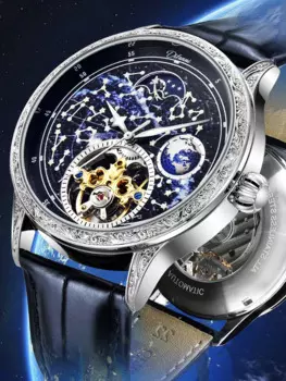 Светящиеся мужские часы с турбийоном и фазой Луны, деловые автоматические механические наручные часы со скелетом, водонепроницаемые кожаные часы для мужчин