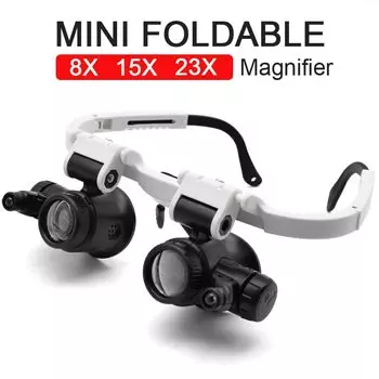 Светящийся микроскоп Jewelers Eye с креплением на голову, повязка на голову для ремонта, 2 светодиодных лампы, увеличительное стекло с лупой 8x 23x