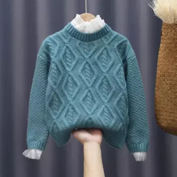 Свитер для девочек, зимний плотный теплый вязаный пуловер для детей, кружевная одежда в стиле пэчворк для больших девочек, свитер с высоким воротником
