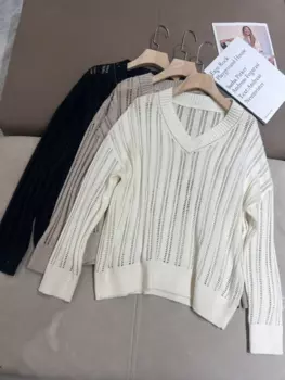 Свитер для женщин 2024, осень-зима, свободный повседневный пуловер с v-образным вырезом и длинными рукавами