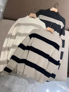 Свитер для женщин, новинка 2024, осень-зима, полосатый свободный повседневный пуловер с круглым вырезом и длинными рукавами