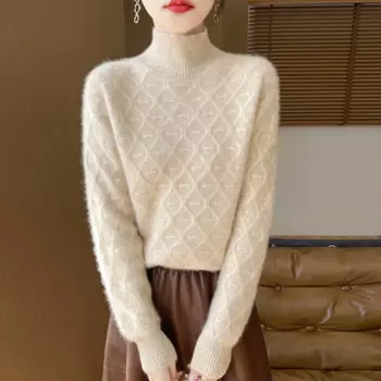 Свитер из 100% мериносовой чистой шерсти с полувысоким воротником, женский осенне-зимний новый модный пуловер, однотонный высококачественный теплый свободный вязаный топ