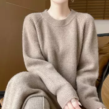 Свитер из 100% шерсти с круглым вырезом, женский осенне-зимний высококачественный свободный однотонный теплый пуловер с длинными рукавами, вязаный джемпер, топ