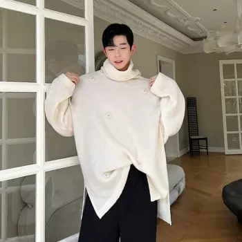 Свитер с 3D жемчужинами для мужчин и женщин, уличная мода в Корейском стиле, винтажный Свободный Повседневный пуловер с высоким воротником, вязаный свитер, Осень-зима