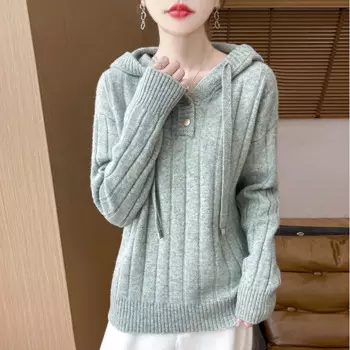 Свитер с капюшоном из 100% мериносовой шерсти для женщин, осень-зима, новый стиль, пуловер, теплый однотонный свободный джемпер с длинными рукавами, вязаный топ