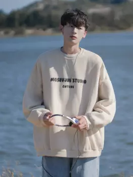 Свитер с круглым вырезом, пуловер, Мужская мода с буквенным принтом, свободная осенне-зимняя плотная теплая Новая модная куртка с капюшоном в американском стиле