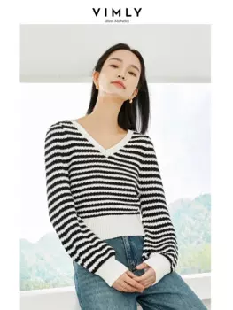 Свитер Vimly в контрастную полоску, женские топы с длинным рукавом, Осень-зима 2023, новый плотный теплый вязаный пуловер с V-образным вырезом, джемперы 72523