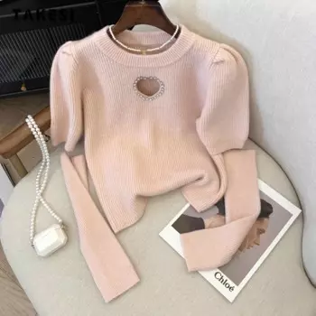 Свитер женский трикотажный в рубчик, облегающий пуловер с расклешенными рукавами, о-образным вырезом, с вырезом в форме сердца, однотонный джемпер со съемными рукавами