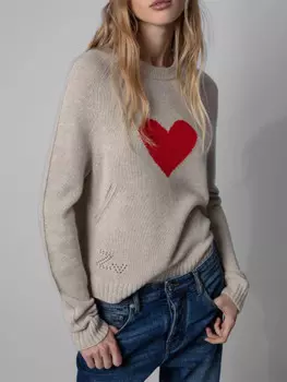 Свитера цвета хаки, женский джемпер с вышивкой в виде сердца, женский свитер с круглым вырезом, повседневный зимний вязаный топ, пуловер, джемперы с длинными рукавами