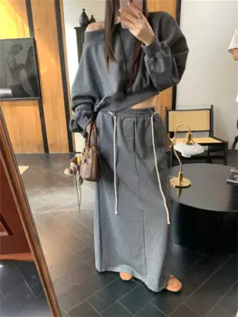 Свитшот Alien Kitty женский винтажный с косым воротником, шикарная Повседневная Уличная одежда с высокой талией, длинная юбка, офисный костюм на осень