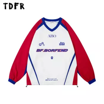 Свитшот мужской с буквенным принтом, уличная одежда с контрастными вставками, v-образный вырез, длинный рукав реглан, трикотаж с кулиской на подоле, осень