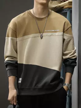Свитшот мужской с геометрическим рисунком, Модный свитшот в стиле пэчворк, круглый вырез, уличная одежда, стандартный спортивный костюм, цвета хаки, весна-осень