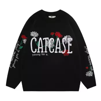 Свитшот мужской с круглым вырезом, повседневный трикотажный Свободный свитшот с цветочной вышивкой и надписью, осень