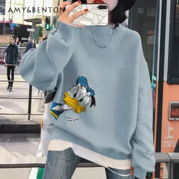 Свитшот женский из искусственного двух предметов, Толстый Пуловер на флисовой подкладке, свободная модная комбинированная куртка, одежда на осень и зиму