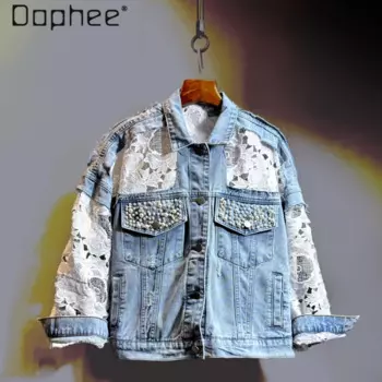 Свободное джинсовое пальто с бусинами для женщин, новинка 2024, летняя тонкая сетка, прозрачная кружевная строчка, солнцезащитная одежда, джинсовая куртка женская