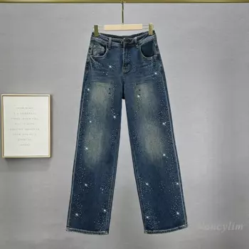 Свободные джинсовые брюки с широкими штанинами, женская одежда, новинка 2024, модные удлиненные напольные джинсы с высокой талией в стиле Европейской уличной тяжелой промышленности